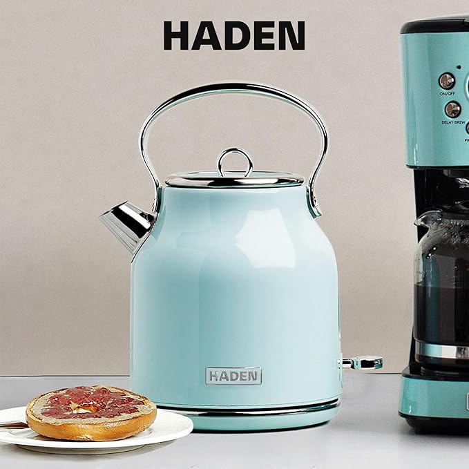 Haden Heritage 1.7 Liter Stainless Steel Electric Kettle, Hot Water Kettle with 360-Degree Base and Auto Shutoff, Turquoise & Chrome