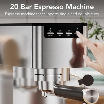 Kndko Espresso Machine, 20 Bar Espresso Coffee Maker with Steam Milk Frother, Compact Stainless Steel Coffee Machine with 40.5oz Removable Water Tank for Espresso, Latte, Cappuccino, Iced Coffee