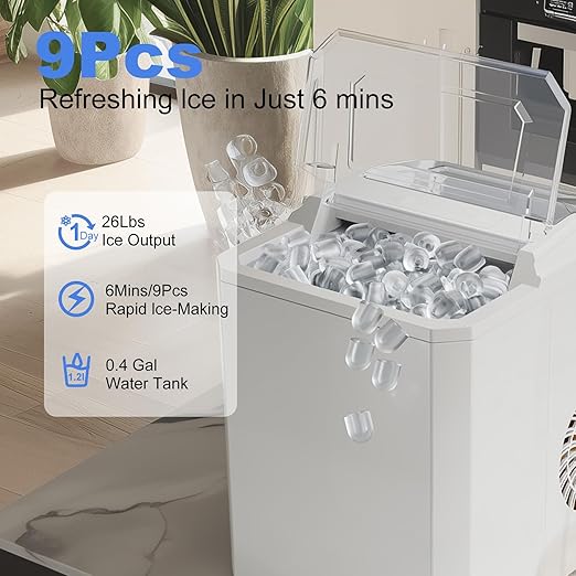 SMUG Ice Makers Countertop with Handle, Portable Ice Machine, 9 Bullet Ice Cubes in 6 Mins, 26lbs in 24Hrs, Auto-Cleaning, with Basket and Scoop, for Home, Kitchen, RV, Camping, White