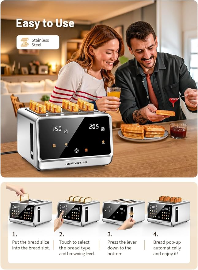 4 Slice Toaster with Touch Screen, Stainless Steel Smart Bread Toaster, 1.5" Wide Slots, 6 Shade Settings & 6 Bread Types for Bagels, Timer, Single Slice Toasting, Reheat, Defrost, 1800W