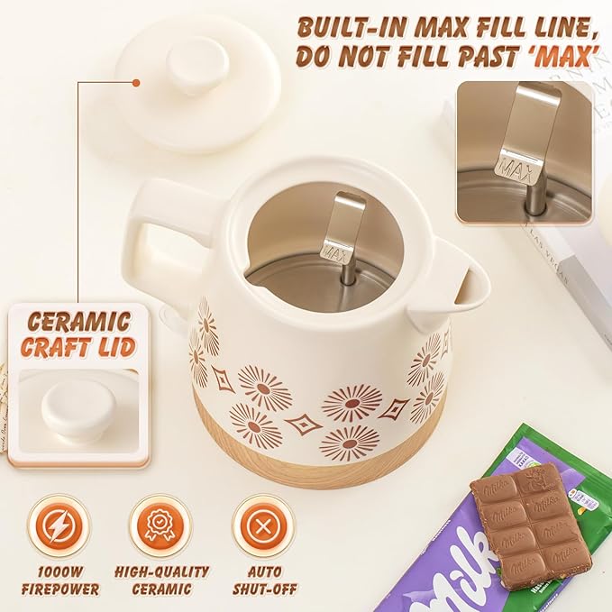Ceramic Electric Kettle Pot 1.1 Quart, Boiling Water boiler, Teapot Automatic Shut-Off, BPA-Free, Rapid Boil For Coffee & Tea, Boil-Dry Protection, 1000W