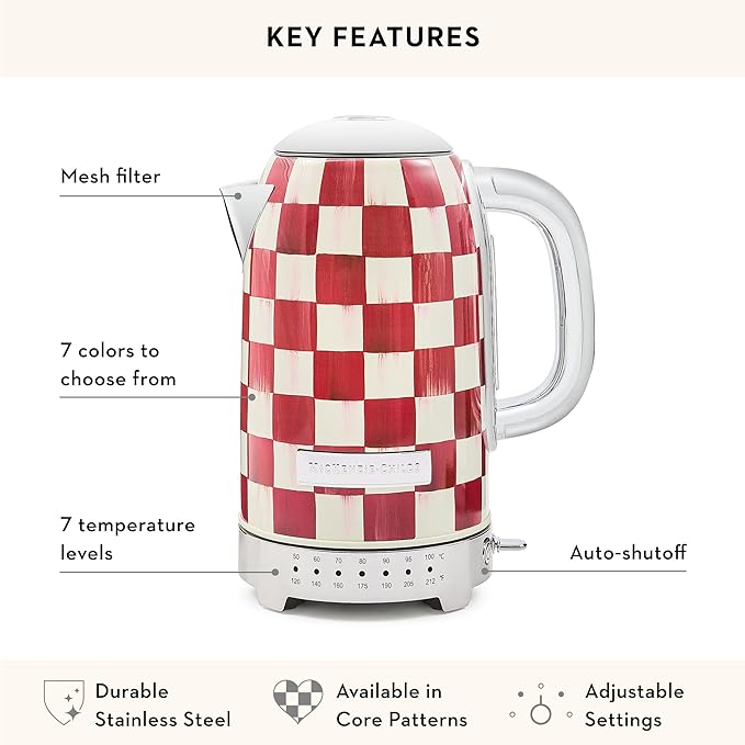 MACKENZIE-CHILDS Electric Kettle, Stainless-Steel Tea Kettle, Red-and-White Cherry Check