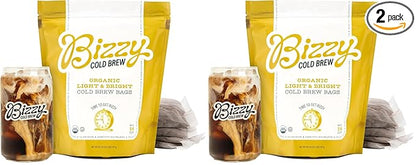 Bizzy Organic Cold Brew Coffee | Light & Bright Blend | Coarse Ground Coffee | Light Roast | Micro Sifted | Specialty Grade | 100% Arabica | Brew Bags | 4 Count | Makes 14 Cups (Pack of 2)