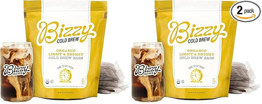Bizzy Organic Cold Brew Coffee | Light & Bright Blend | Coarse Ground Coffee | Light Roast | Micro Sifted | Specialty Grade | 100% Arabica | Brew Bags | 4 Count | Makes 14 Cups (Pack of 2)