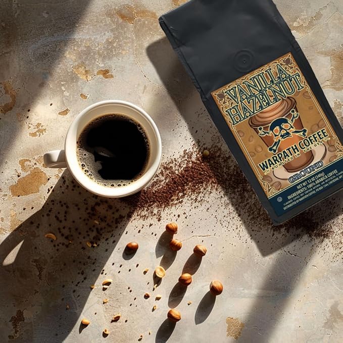 Warpath Coffee Light Roast Ground Coffee, Vanilla Hazelnut Blend, High Caffeine, Extra Strong Roasted 100% Arabica Coffee Ground Beans, Rich Aroma, Full Bodied Intense Cup, Created by Navy SEALs, 12oz