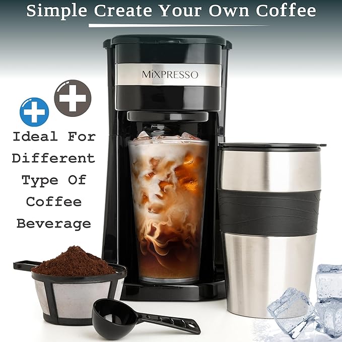 Mixpresso Black Personal Single Serve Coffee Maker with 14oz Travel Mug, Drip Small Coffee Maker with Auto Shut Off, Reusable Filter, Works with Ground Coffee Only – Not for K-Cup Pods
