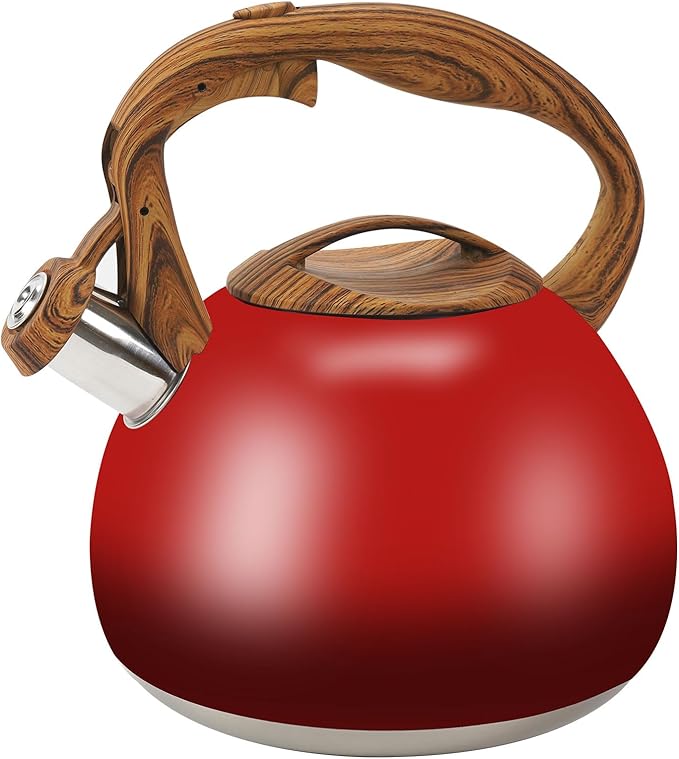 Festive Red Stovetop Whistling Tea Kettle 3.2 Quart - Stainless Steel with Wood Grain Handle, Loud Christmas Whistle for Boiling Water, Holiday Cocoa & Milk, Easy-Pour Spout Classic Design