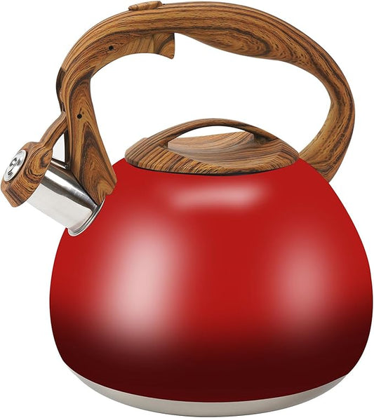 Festive Red Stovetop Whistling Tea Kettle 3.2 Quart - Stainless Steel with Wood Grain Handle, Loud Christmas Whistle for Boiling Water, Holiday Cocoa & Milk, Easy-Pour Spout Classic Design