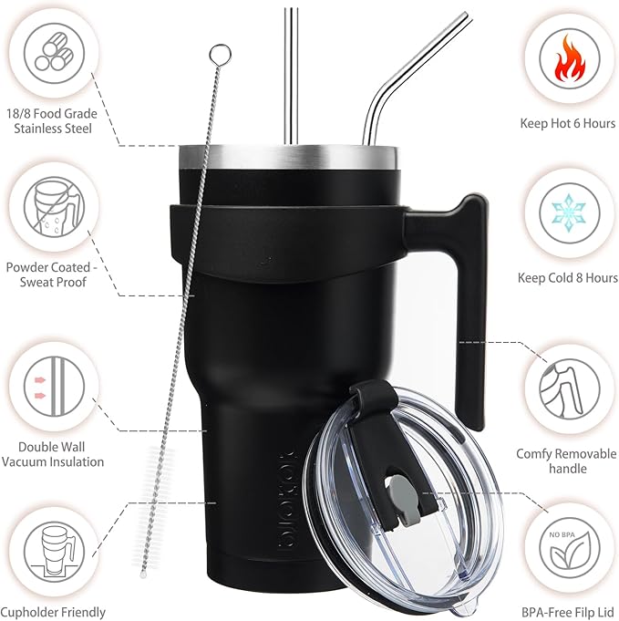 BJPKPK Tumbler With Handle 30 oz Stainless Steel Double Wall Insulated Tumbler Cups With Lid And Straw,Black