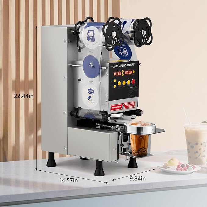OlymStore Cup Sealing Machine Full Automatic, Electric Bubble Tea Machine, Cup Sealer Machine 500-650 Cups/H with Digital Control LCD Panel for Bubble Milk Tea Coffee, 88/89/90/95mm, Silver