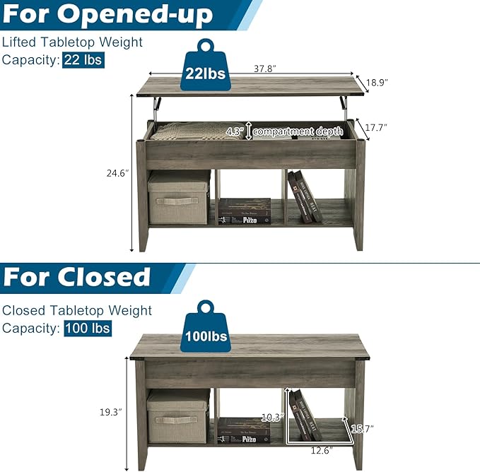 VINGLI Farmhouse Lift Top Coffee Table, Rustic Grey with Storage Shelf/Hidden Compartment, Mesa De Centro para Sala