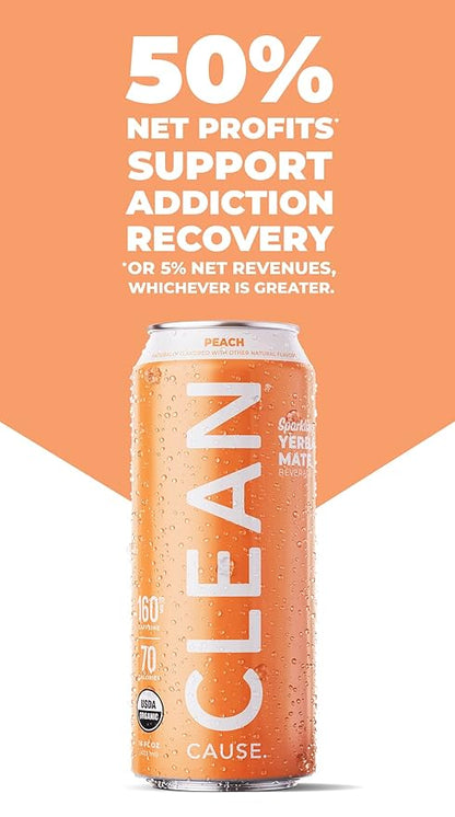 CLEAN Cause Low Calorie Peach USDA Organic Sparkling Yerba Mate Tea (16oz cans, 12-Pack Case) Low Sugar, 160mg Caffeine, Healthy Alternative to Soda & Energy Drinks.