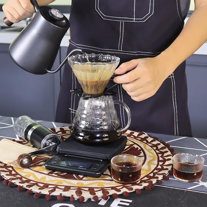 SOTECH Pour Over Manual Coffee Maker Set 2 Cup Coffee Dripper with Wooden Suitcase Coffee Kettle Scale Bean Grinder All In 1 Traveling Camping Hiking