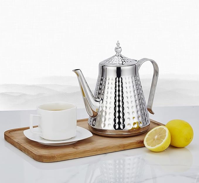 SANQIAHOME 1.6L(54oz) Stainless Steel Hammer Patterned Teapot With Removeable Infuser,Loose leaf cover,Silver