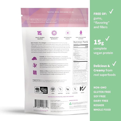 Sprout Living Epic Protein, Plant Based Protein & Superfoods Powder, Pro Collagen, Berry | 15 Grams Organic Protein Powder, Vegan, Non Dairy, Non-GMO, Gluten Free, Low Sugar (0.7 Pound, 12 Servings)