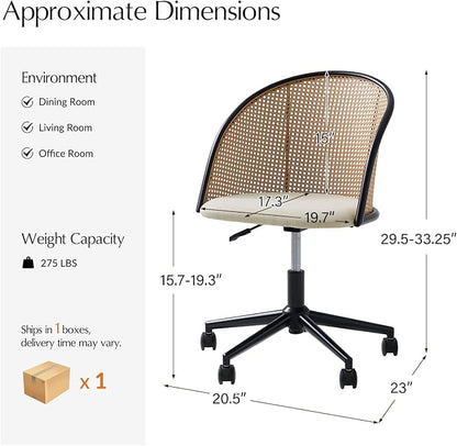 HULALA HOME Rattan Home Office Desk Chair with Curved Backrest, Caster Wheels, Height Adjustable, Accent Task Computer Chair for Home Work, Conference, Dining Room, Linen