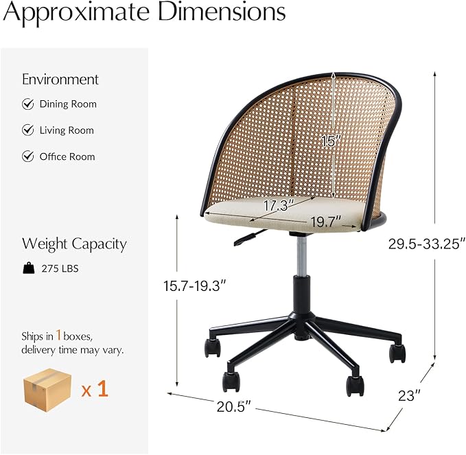 HULALA HOME Rattan Home Office Desk Chair with Curved Backrest, Caster Wheels, Height Adjustable, Accent Task Computer Chair for Home Work, Conference, Dining Room, Linen