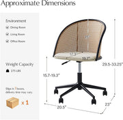 HULALA HOME Rattan Home Office Desk Chair with Curved Backrest, Caster Wheels, Height Adjustable, Accent Task Computer Chair for Home Work, Conference, Dining Room, Linen