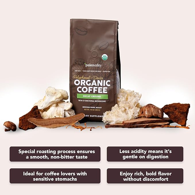 Paleovalley Organic Ground Coffee, 10oz - Decaf, Low Acid, Single-Origin, Polyphenol-Rich, Infused with Mushrooms