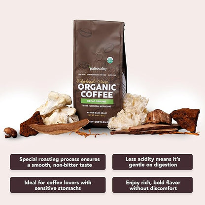 Paleovalley Organic Ground Coffee, 10oz - Decaf, Low Acid, Single-Origin, Polyphenol-Rich, Infused with Mushrooms