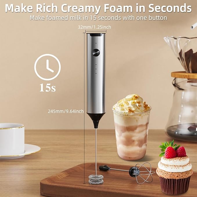 Milk Frother Wand for Coffee with 3-Speed,Stainless Steels Hand Frother Rechargeable,Electric Whisk with 2 Heads for Mixing Drinks Like Latte, Cappuccino, Hot Chocolate, Egg,Sliver
