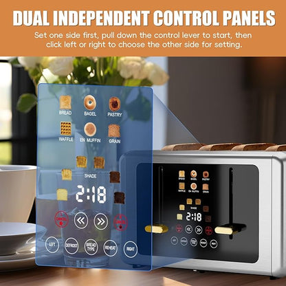 whall 4 Slice Touch Screen Toaster, Stainless Steel Toasters Digital Timer, Dual Control Panel Toasters，6 Shade Settings＆6 Bread Types, Smart Wide Slots, Bagel, Cancel, Defrost,Flat lever White