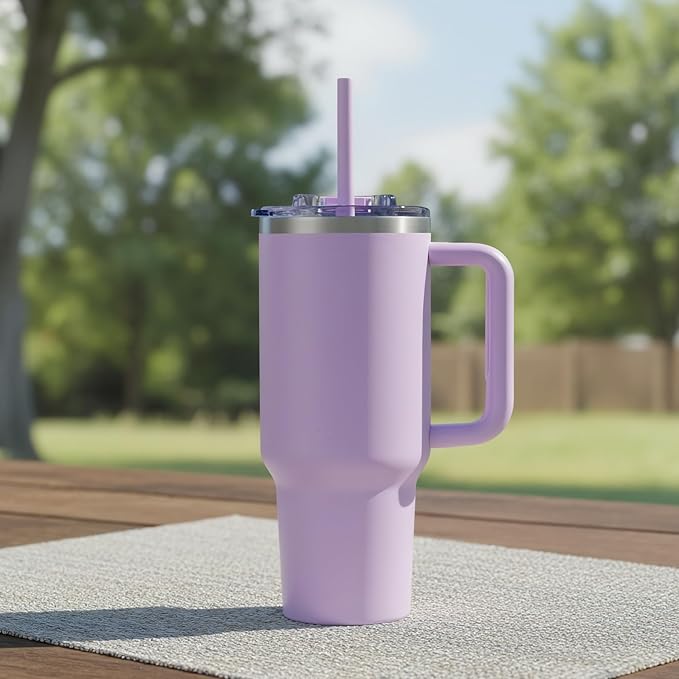 COKTIK 40 oz Tumbler With Handle and Straw Lid, Vacuum Insulated Travel Coffee Mug Stainless Steel Insulated Cup for Beverages, Leak-proof, Cupholder Friendly (Lavender)
