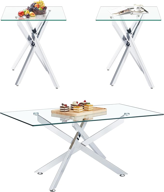 Silver Glass Coffee Table Set of 3 Modern End Table Living Room Side Table, Geometric Metal Legs 47.2 Inch Clear Rectangle Center Cocktail Tables, Chrome Silver