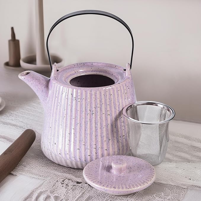 Yundu Purple Ceramic Teapots, 1000ml/33.8oz Tea Kettle, Enough for 4 Cups, Tea pot with infusers for loose tea, Striped Tea Pot with Removable Tea infuser