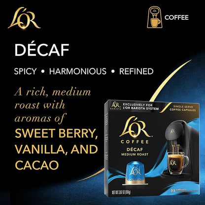 L'OR Coffee Pods, 10 Count DECAF Medium Roast, Single-Serve Aluminum Coffee Capsules Compatible with the L'OR BARISTA System & *Nespresso Original Machines, 10 count (Pack of 1)