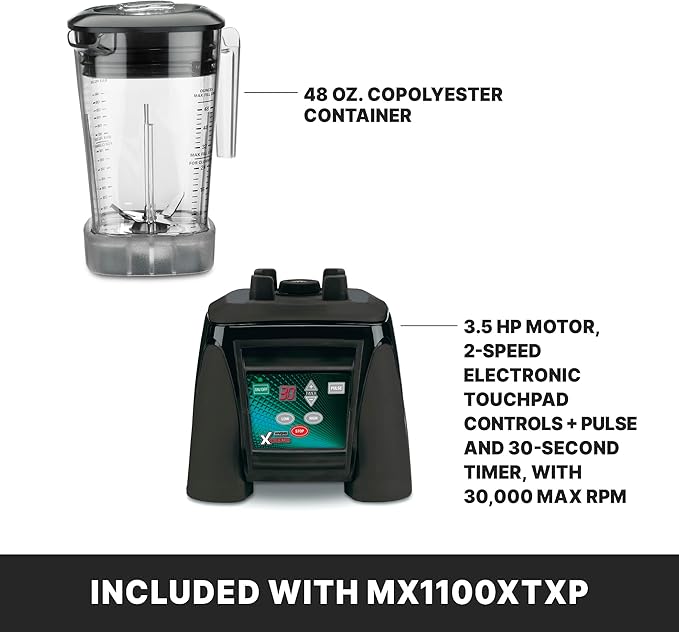 Waring Commercial MX1100XTXP 3.5 HP Blender with Electronic Keypad, 30 Second Countdown Timer and 48 oz BPA Free Container, 120V, 5-15 Phase Plug,Black