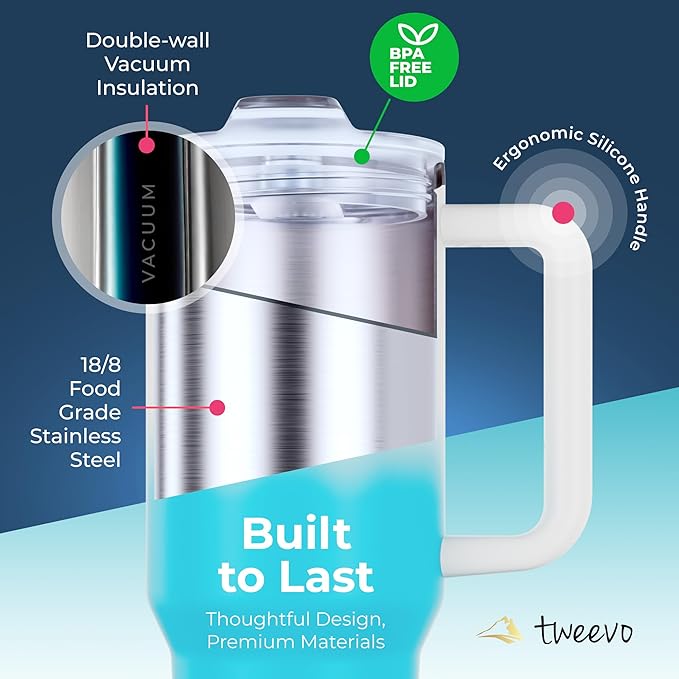 40 oz Tumbler With Handle and Straw Made of Stainless Steel - Double Wall Vacuum Insulated Tumbler With Lid - Sweat Proof Easy Grip, BPA-Free, Dishwasher Safe Tumbler (Blue & White)