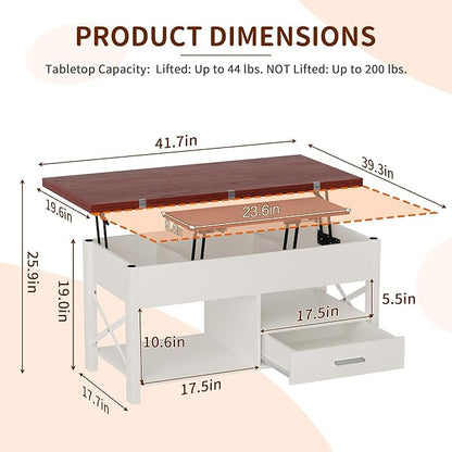 Lift Top Coffee Table with Storage, White Lift Top Coffee Table with Drawers&Hidden Compartment, Multi-Functional Center Table, Convertible Coffee Tables into Dining Table for Home Living Room Office