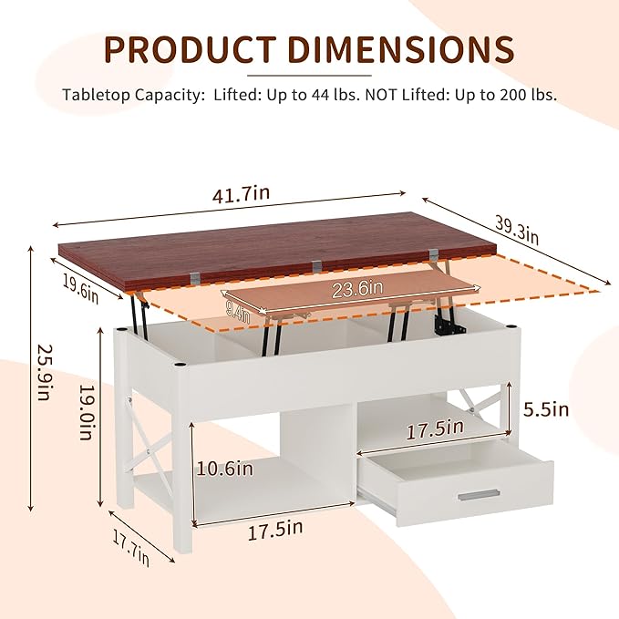 Lift Top Coffee Table with Storage, White Lift Top Coffee Table with Drawers&Hidden Compartment, Multi-Functional Center Table, Convertible Coffee Tables into Dining Table for Home Living Room Office