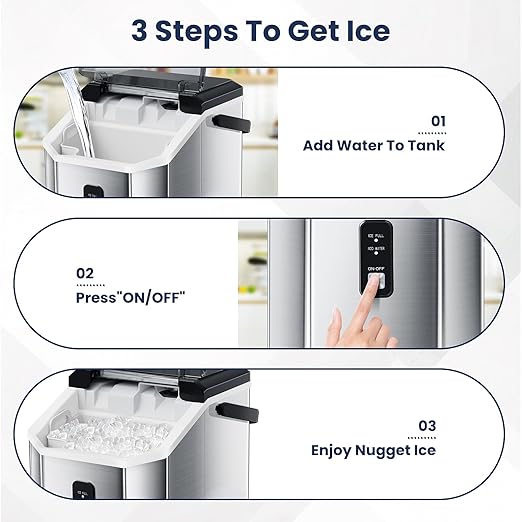 Antarctic Star Nugget Ice Makers Countertop with Self-Cleaning, 35lbs/24H, Portable Sonic Ice Maker Machine with Handle/Basket/Scoop for Home, Kitchen, Office, Camping(Stainless Steel Silver)