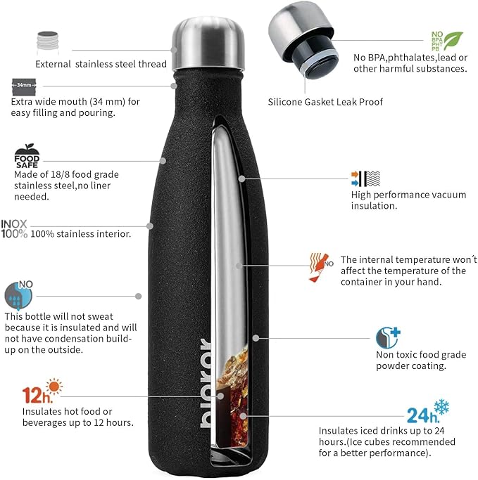 BJPKPK Insulated Water Bottles 17oz Stainless Steel Sports Water Bottles Keep Cold for 24 Hours and Hot for 12 Hours,BPA Free Water Bottl,Glitter Black