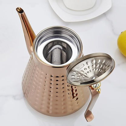 SANQIAHOME 1.6L(54oz) Stainless Steel Hammer Patterned Teapot With Removeable Infuser,Loose leaf cover,Copper