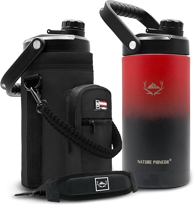 NATURE PIONEOR Insulated Water Bottles with Strap - 64 oz Stainless Steel Vacuum Wide Mouth Bottle with Holder/Carrier/Sleeve - 18/8 Food Grade 64oz Half Gallon Water Jug