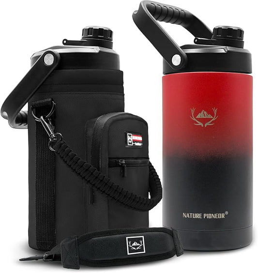NATURE PIONEOR Insulated Water Bottles with Strap - 64 oz Stainless Steel Vacuum Wide Mouth Bottle with Holder/Carrier/Sleeve - 18/8 Food Grade 64oz Half Gallon Water Jug