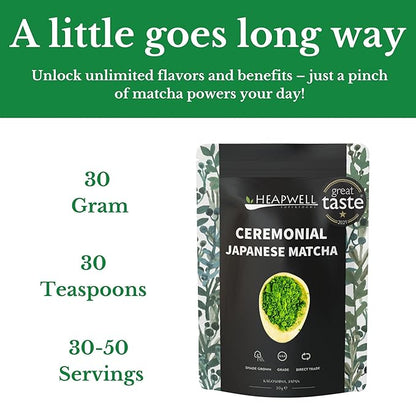 Heapwell Japanese Matcha – Premium & Ceremonial & AAA Grade Matcha Tea | Authentic Japanese Origin (1.05oz (30g), Ceremonial Grade)