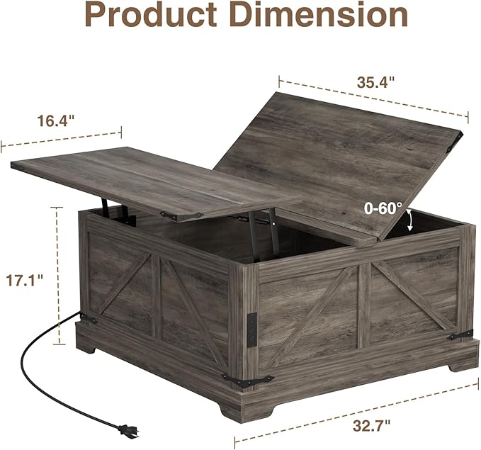 Coffee Table with Storage, 35.4" W Farmhouse Lift Top Wood Square Center Table with Charging Station, Rustic Cocktail Tables with Flip Top Lids for Living Room, Home Office, Grey