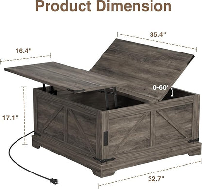 Coffee Table with Storage, 35.4" W Farmhouse Lift Top Wood Square Center Table with Charging Station, Rustic Cocktail Tables with Flip Top Lids for Living Room, Home Office, Grey