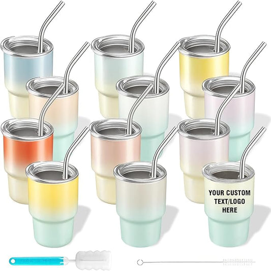 12 Pack 3 oz Sublimation Mini Tumbler Shot Glass with Straw and Lid, Gradient Color Insulated Stainless Steel Mini Tumblers Cups for Beach Birthday Wedding Parties, DIY Customizable Party Gift