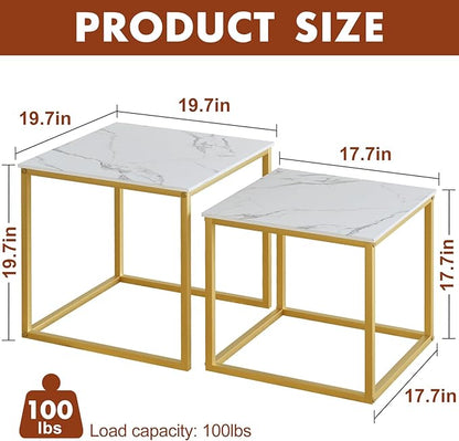 VILAWLENCE Coffee Table Set of 2, Modern Gold Wooden Side Table, Metal Frame Square End Table, Center Tables,Nesting Coffee Table for Living Room,Bedroom and Small Spaces