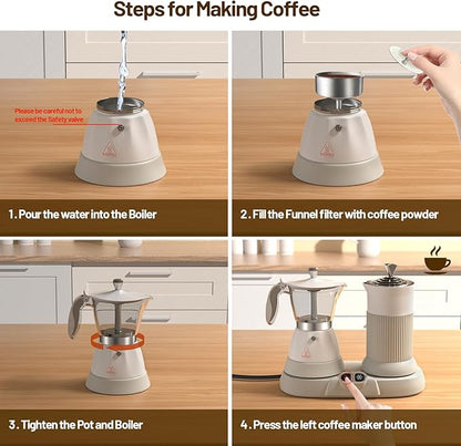 Electric Espresso Machine with Milk Frother 2 in 1 Efficient Moka Pot Coffee Maker with Milkfroth Aluminum One-Touch Operation for Effortless Cappuccinos Lattes Macchiatos White
