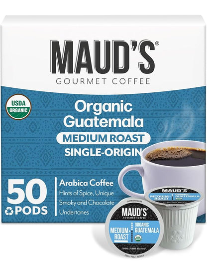 Maud's Organic Guatemalan Coffee Pods, 50 ct, Single Origin Guatemalan Medium Roast Coffee in Recyclable Single Serve Pods – 100% Arabica Beans, Compatible with Keurig K Cups Maker