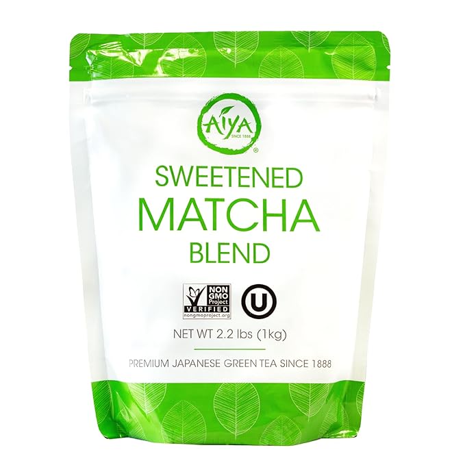Aiya Sweetened Matcha Blend Powder - Matcha Latte Powder With Antioxidant-Rich Japanese Green Tea & Pure Cane Sugar - Ideal for Smoothies, Lattes, and Culinary Creations - 1kg Bag (2.2 lbs)
