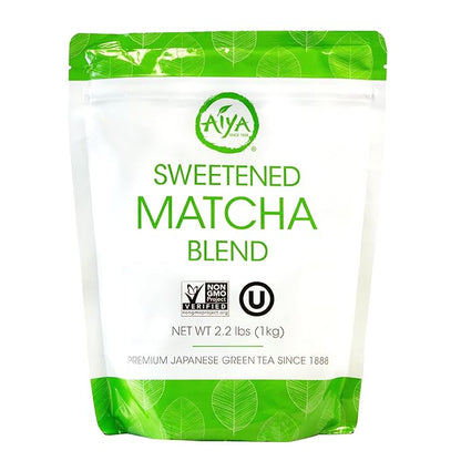 Aiya Sweetened Matcha Blend Powder - Matcha Latte Powder With Antioxidant-Rich Japanese Green Tea & Pure Cane Sugar - Ideal for Smoothies, Lattes, and Culinary Creations - 1kg Bag (2.2 lbs)