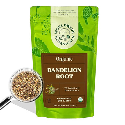 Worldwide Botanicals Organic Dandelion Root – 1 lb - Cut & Sifted – Raw, Unroasted - Taraxacum officinale - Raíz de Diente de León – Perfect Prebiotic, Detox, Cleansing, Digestive Tea - 16 ounces