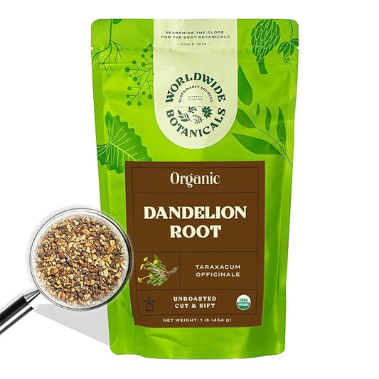 Worldwide Botanicals Organic Dandelion Root – 1 lb - Cut & Sifted – Raw, Unroasted - Taraxacum officinale - Raíz de Diente de León – Perfect Prebiotic, Detox, Cleansing, Digestive Tea - 16 ounces